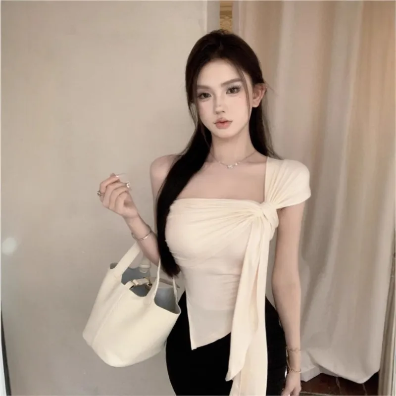 Irregular Off-the-shoulder Halter Top Slimming Pleated And Niche Top For Women