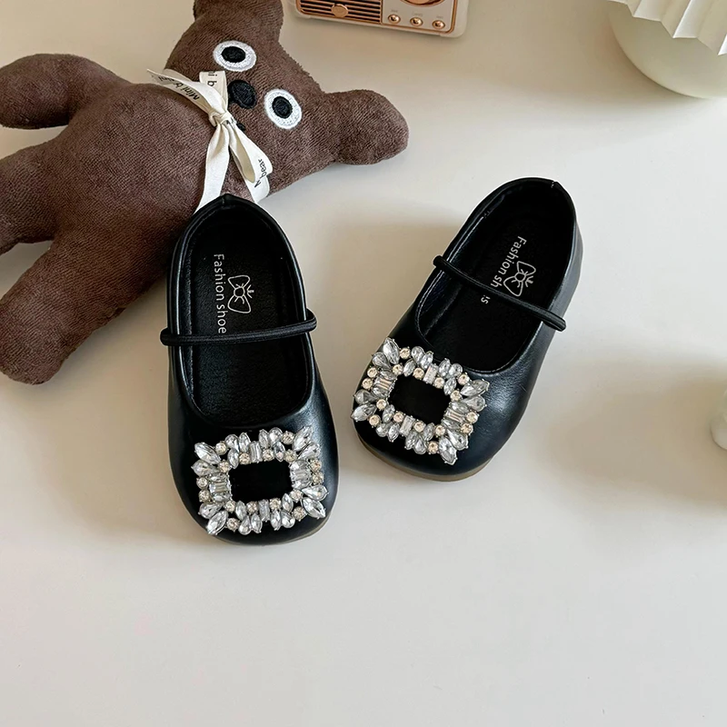 Girls Leather Shoes Rhinestone Anti Slip Elastic Band Spring Autumn Outdoor PU Girls Casual Leather Shoes Sandalias De Mujer