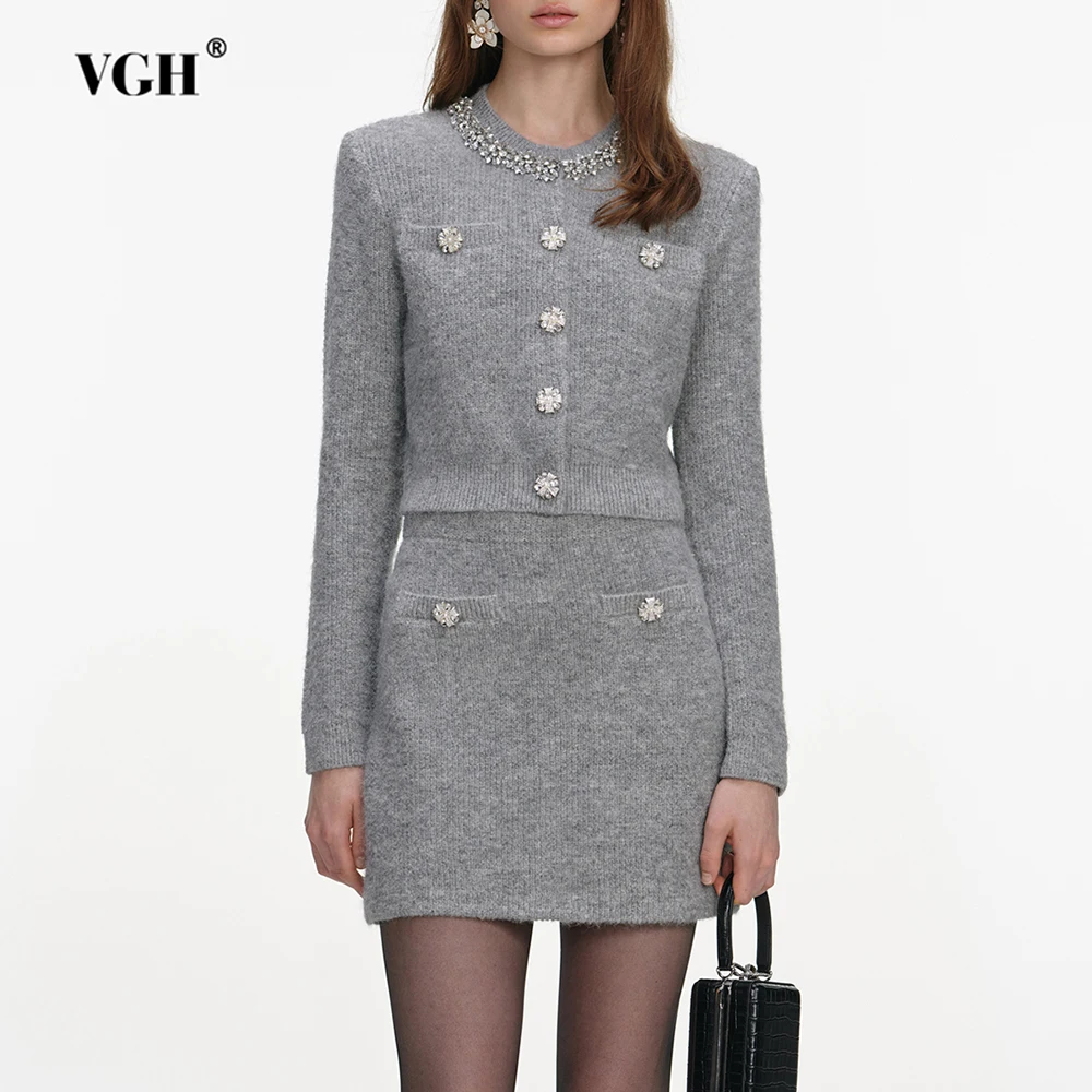 

VGH Нежный темперамент, однотонные комплекты из двух предметов для женщин, топ с круглым вырезом и длинными рукавами, юбка с высокой талией, повседневный комплект, женская мода, новинка