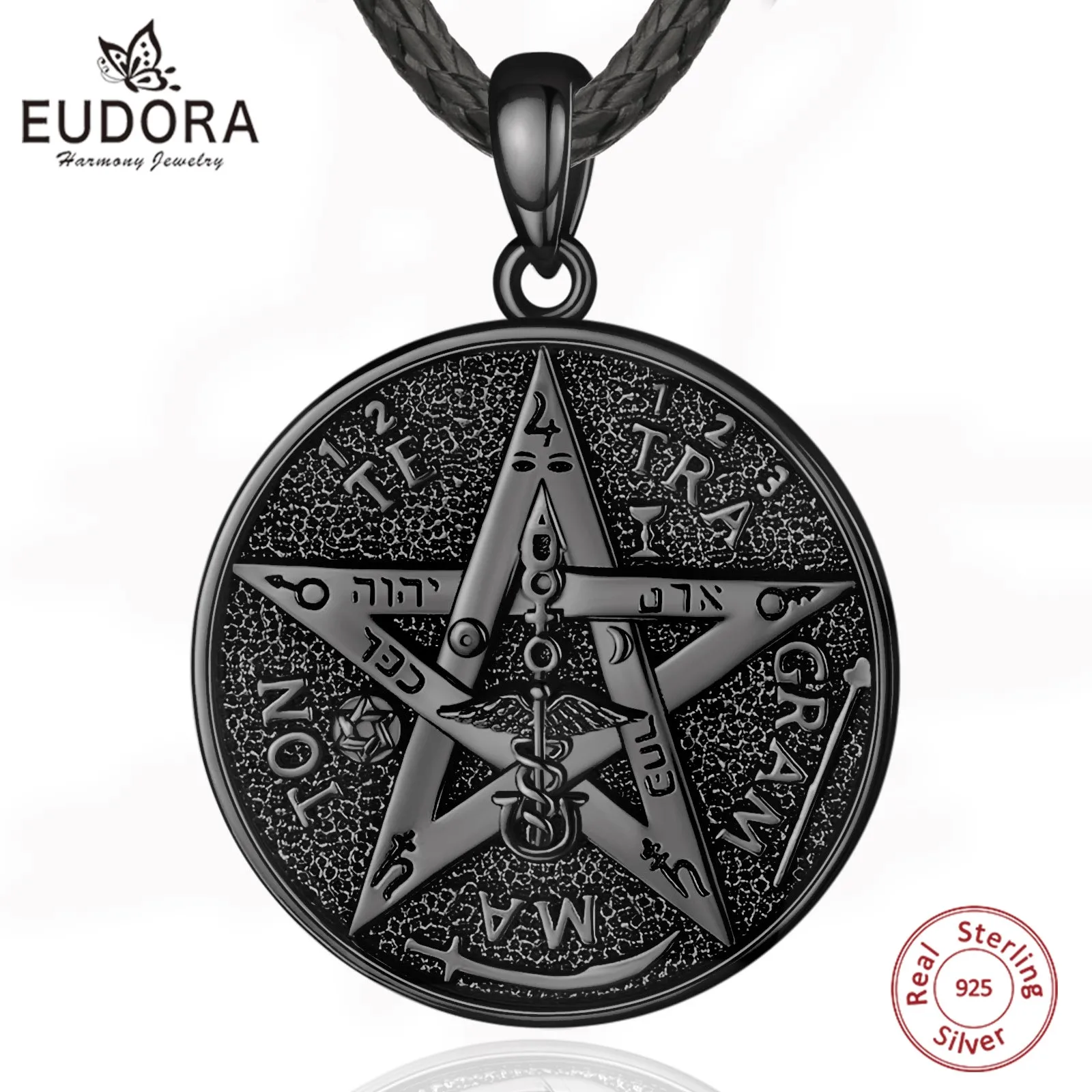 Eudora 925 Sterling Silver Pentagram Runes Necklaces for Women Man Black Amulet Guardian Star Tetragrammaton Pendant Witch Gift