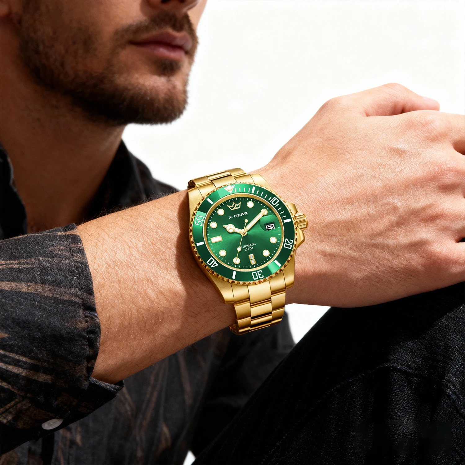 ساعة X-GEAR Water Ghost المضيئة للغوص حركة ميكانيكية أوتوماتيكية من الفولاذ المقاوم للصدأ حزام ساعة بإطار من السيراميك مقاوم للماء