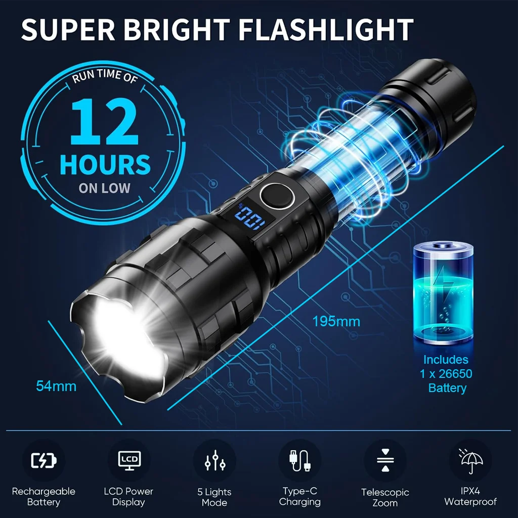 LED Flashlight Rechargeable Torch with 5 Modes Zoomable Tactical Flashlight with Safety Hammer for Camping Hiking Emergency