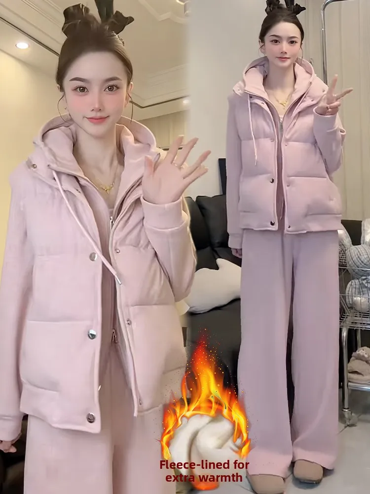 Thiened Fce Vest Sweatirt Wide Leg Pants Tee Piece Set Women's Faion Spor Casual Warm High Waist Winter Outfit