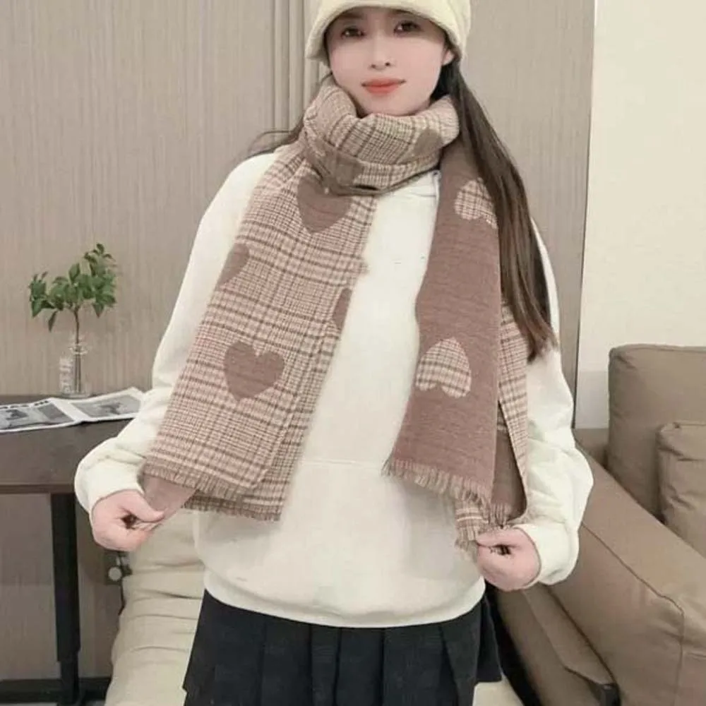 Large Acrylic Fibers Heart Knitted Scarf Warmer Tartans Printed Double-sided Scarf Soft Hijab Long Thickened Shawl Women