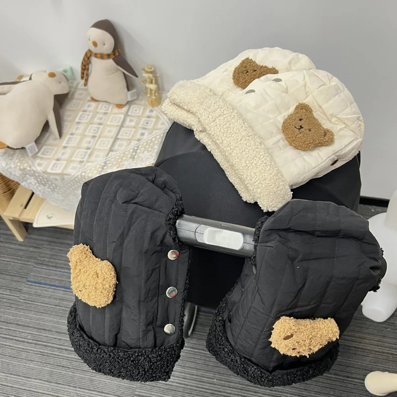 Universal Cartoon Bear Waterproof Baby Stroller Gloves Windproof Fleece Lined Pram Mittens Hand Warmer Extended Length Pushchair