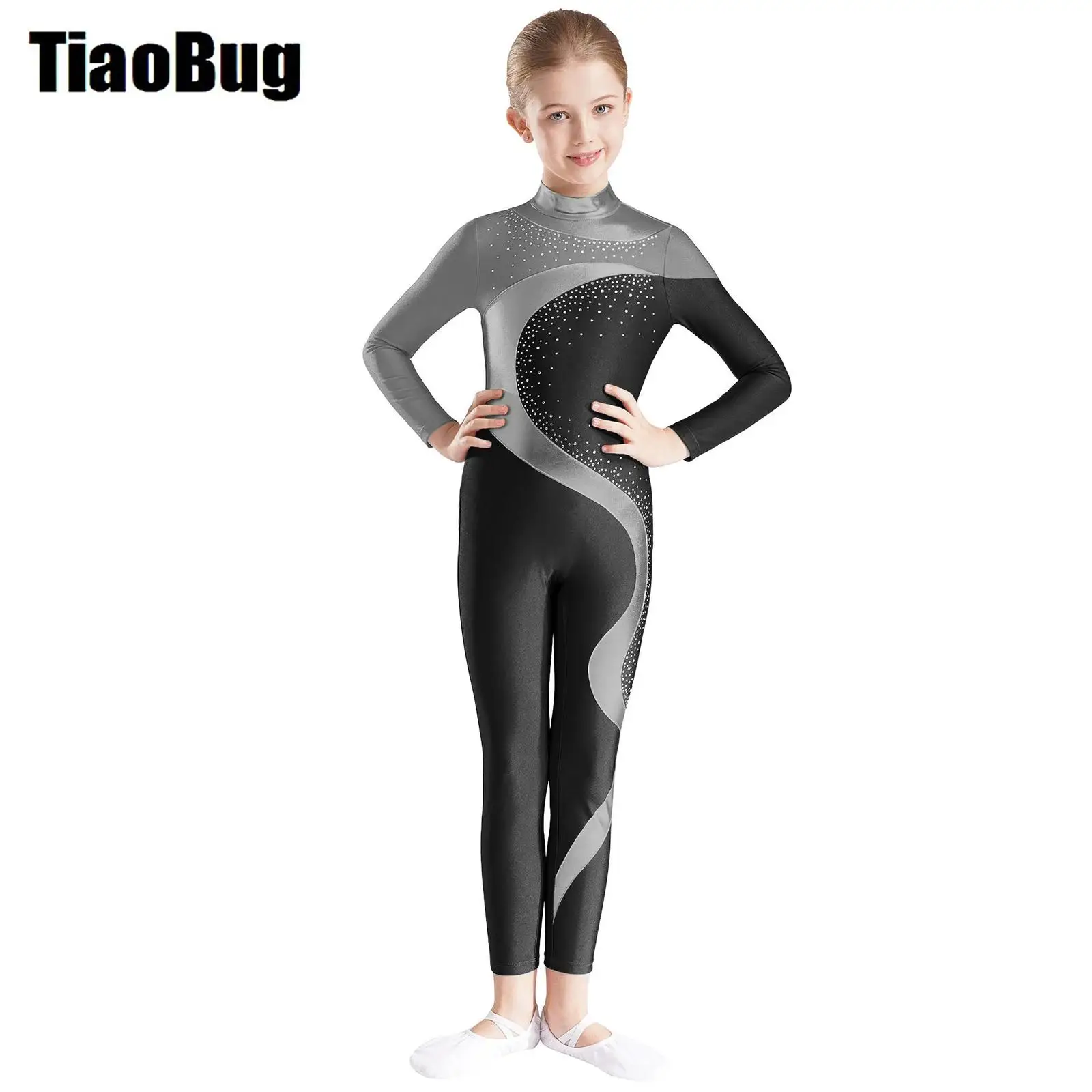 

Kids Girls Figure Skating Leotard Metallic Patchwork Contrast Color Long Sleeve Keyhole Back Bodysuit for Dance Gymnastics