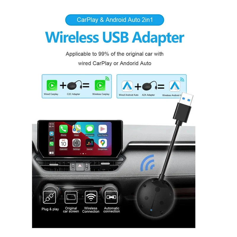 LBER 2 In 1 Wireless Carplay Adapter USB Dongle Wired Android Auto AI Box Car Media Player Adapter Bluetooth Auto Connect