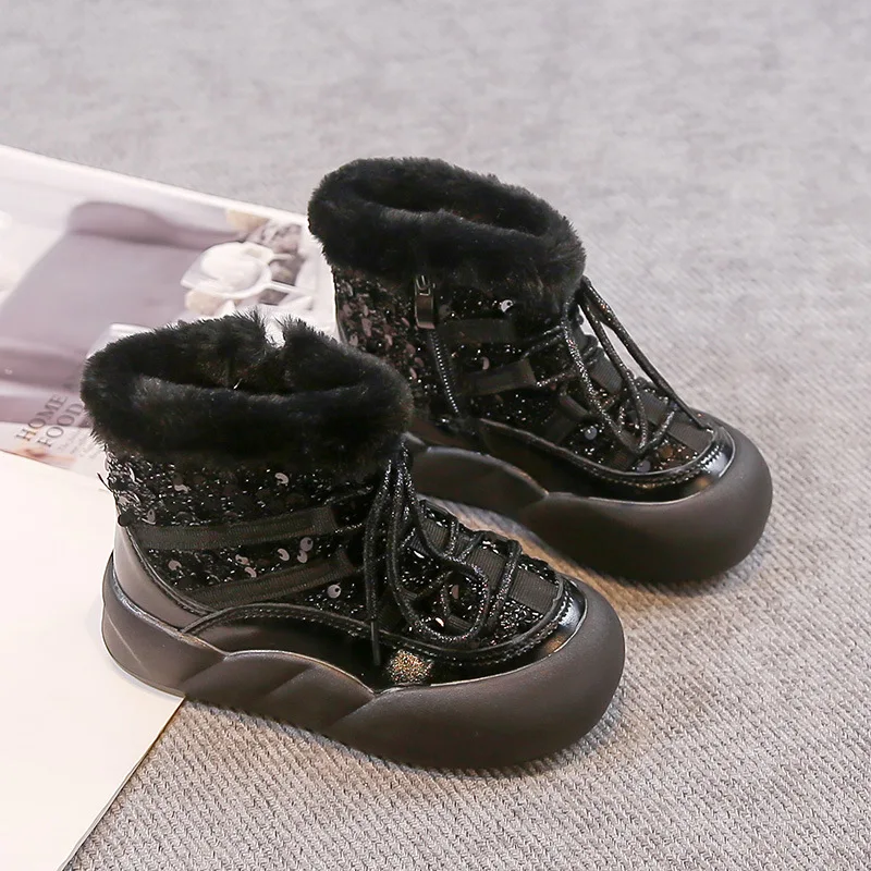 Kids'Snow Boots PU Leather Winter Fashion Outdoor Flat Thick Bottom Shoes For Children Warm Anti-slip Black Silver Size 26-37
