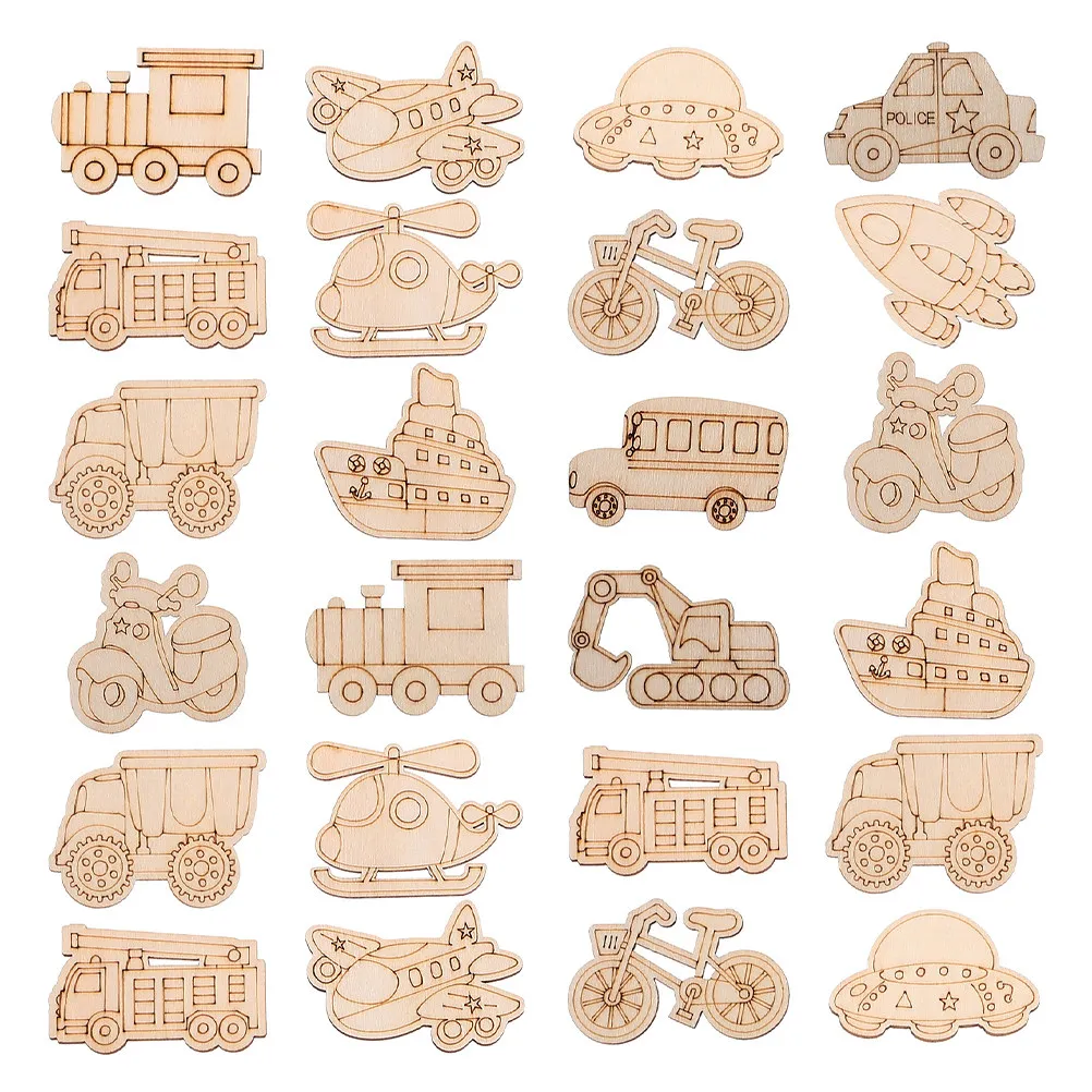100Pcs Unpainted Wooden Vehicle Cutouts for DIY Painting Craft Decoration Train Bicycle Airplane Rocket Ship Wood Shapes