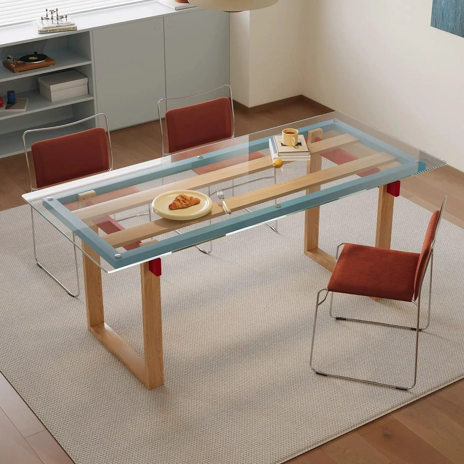 Solid wood tempered glass, modern simple dining table, household rectangular table