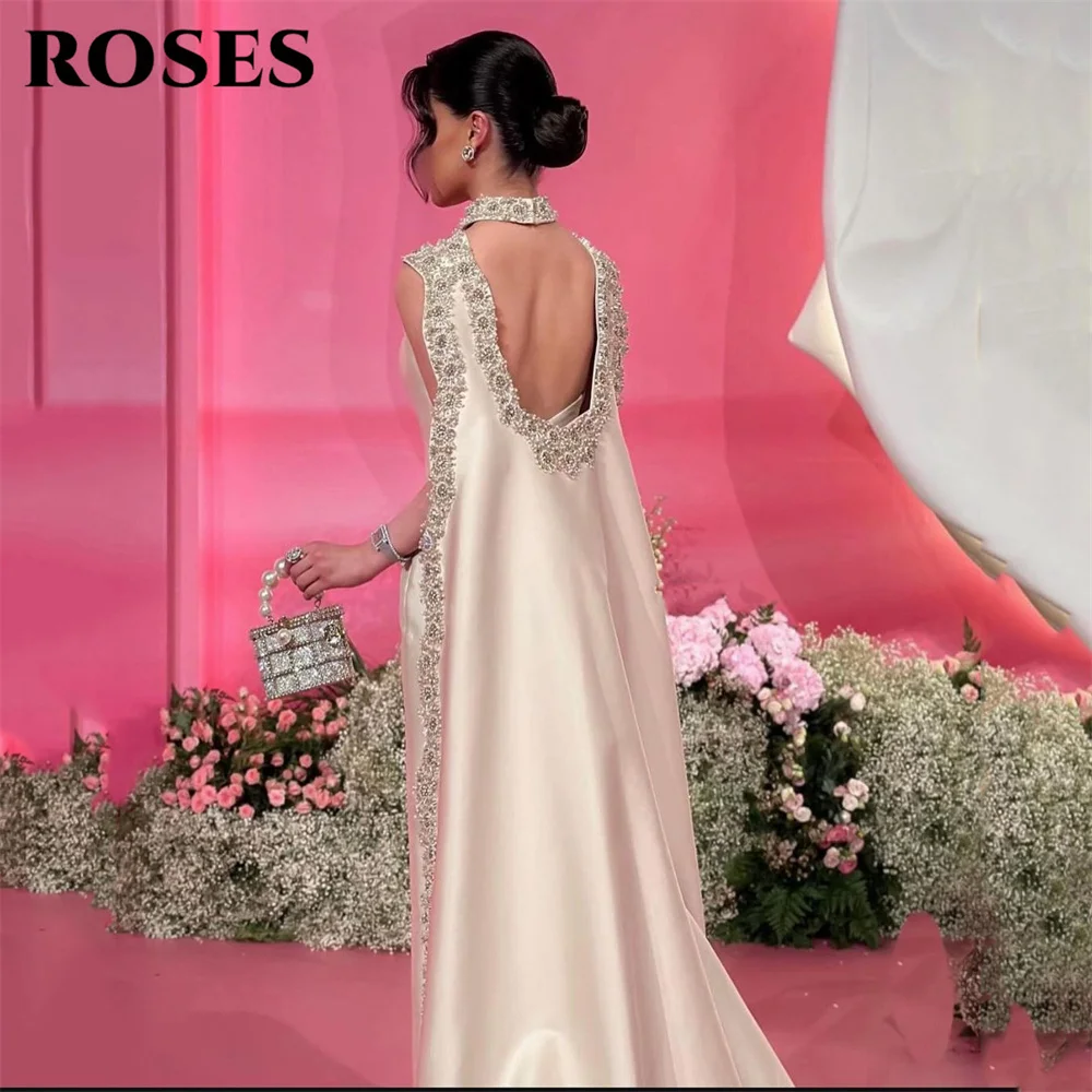 ROSES – robe de bal élégante, blanc cassé, col licou, robes de soirée brodées de cristaux, dos ouvert, Cape, personnalisées