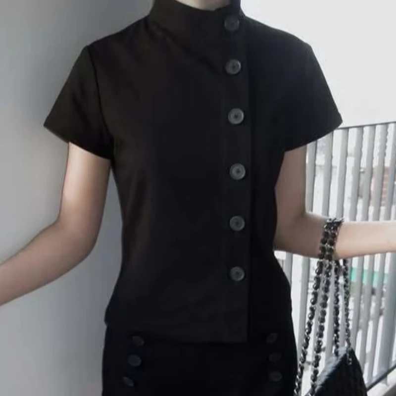 Temperament Commuting Solid Color Stand Collar Asymmetrical Button Shirt Women 2026 Minimalist Office Professional Street Clothe