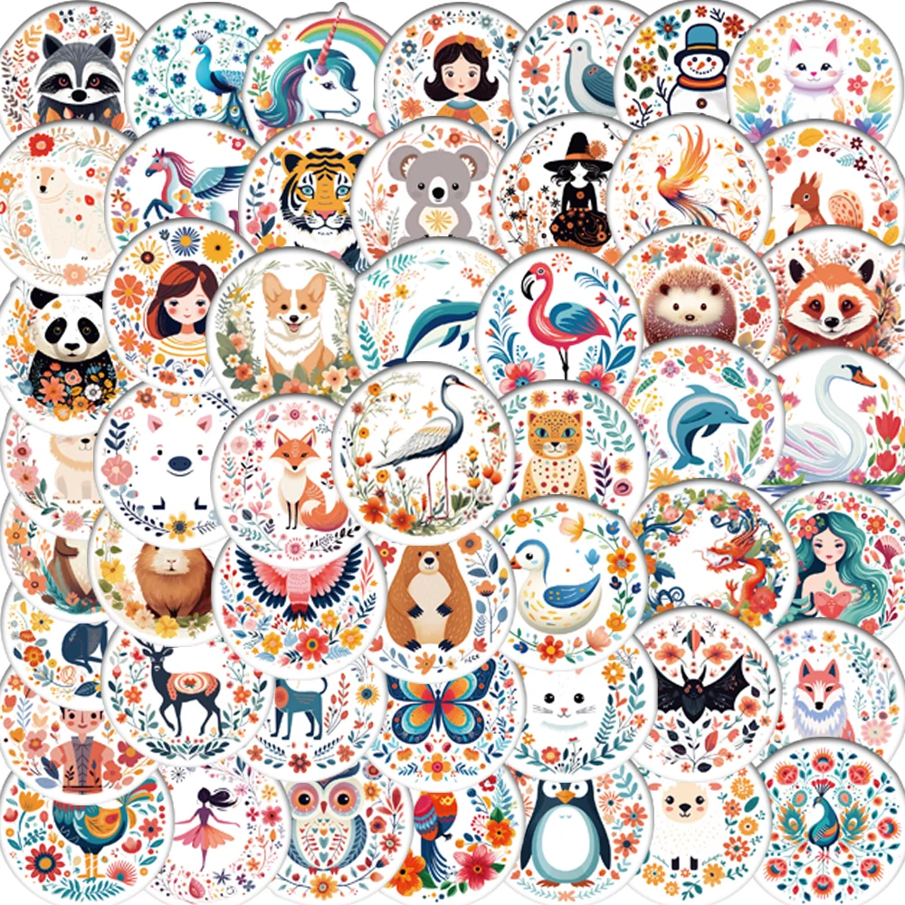 50pcs/bag New Animal Circular Stickers Multiple Cartoon Cute Image Designs For Laptops Diaries Envelopes Stationery PVC Decals