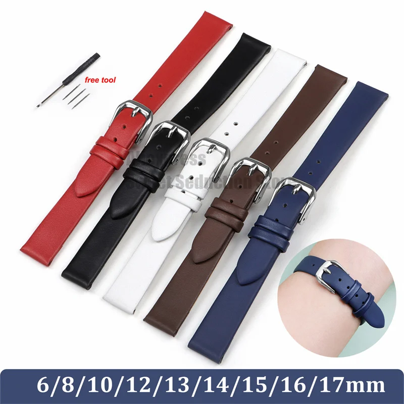 Ultra-Thin Leather Watch Band 6/8/10/12/13/14/15/16/17mm Slim Strap for Women Ladies Belt Bracelet Universal Watch Strap