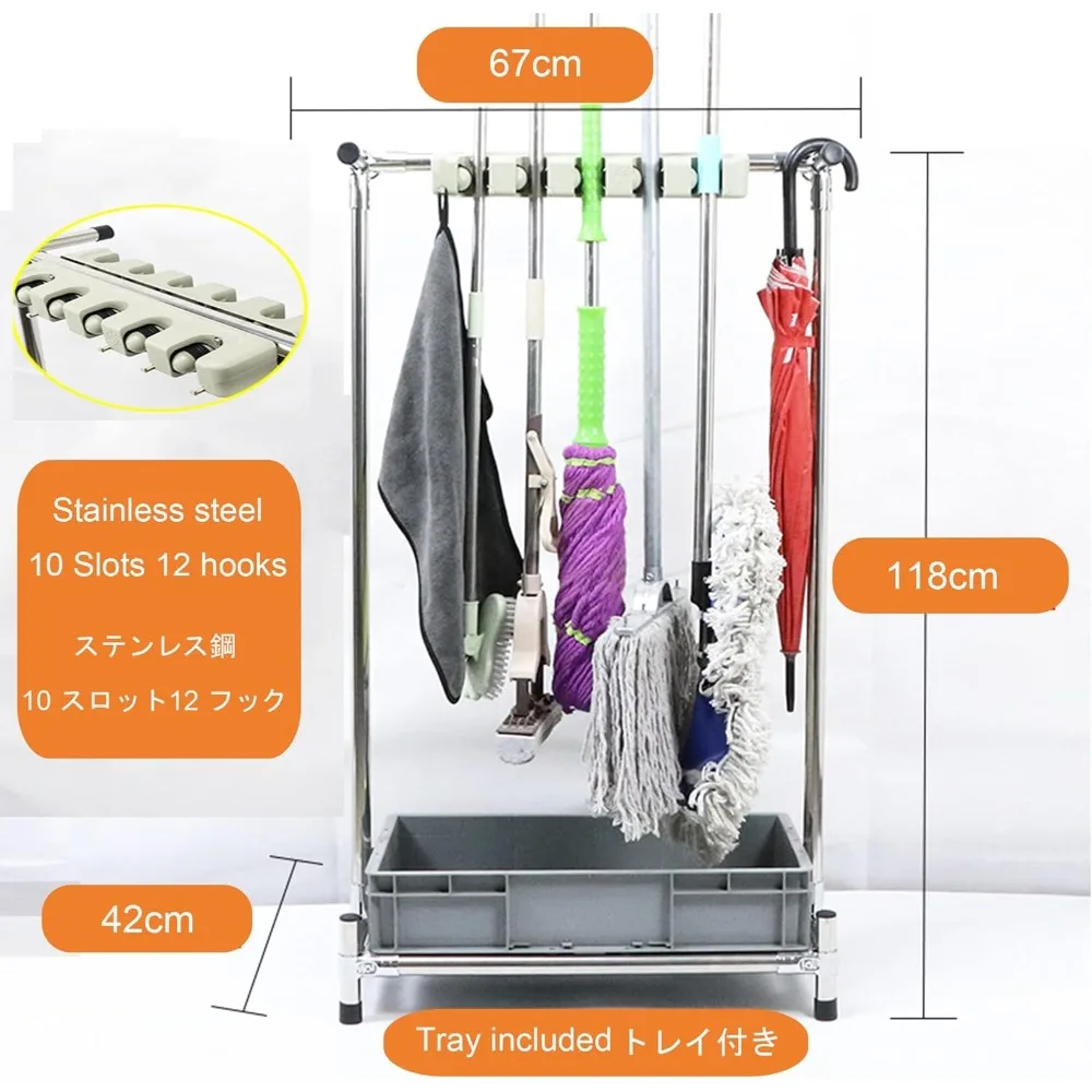 Suporte de esfregão e vassoura montado no chão para esfregões úmidos, organizador portátil de armazenamento de ferramentas de limpeza