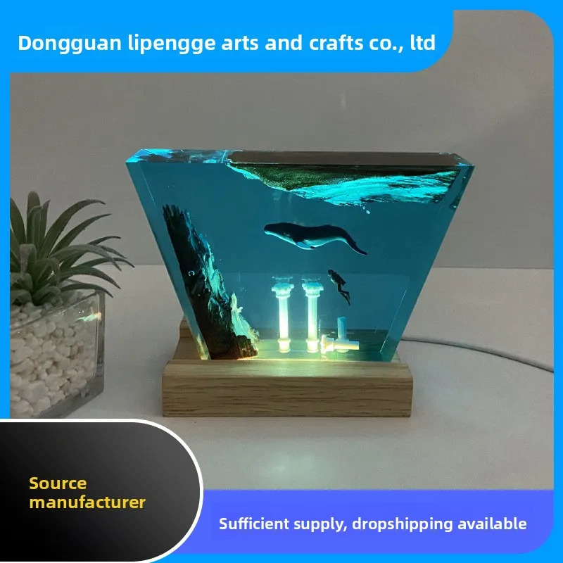 Resin Whale on Roman Column Night Light, Wood Base Ocean Theme LED Gift for Christmas Holiday