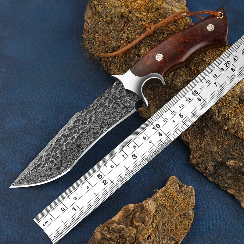 

VG10 Damascus Steel Outdoor Knifes Small Straight Knife Hand Forged Self-defense Knife Wilderness Survival Knife Wooden Handle