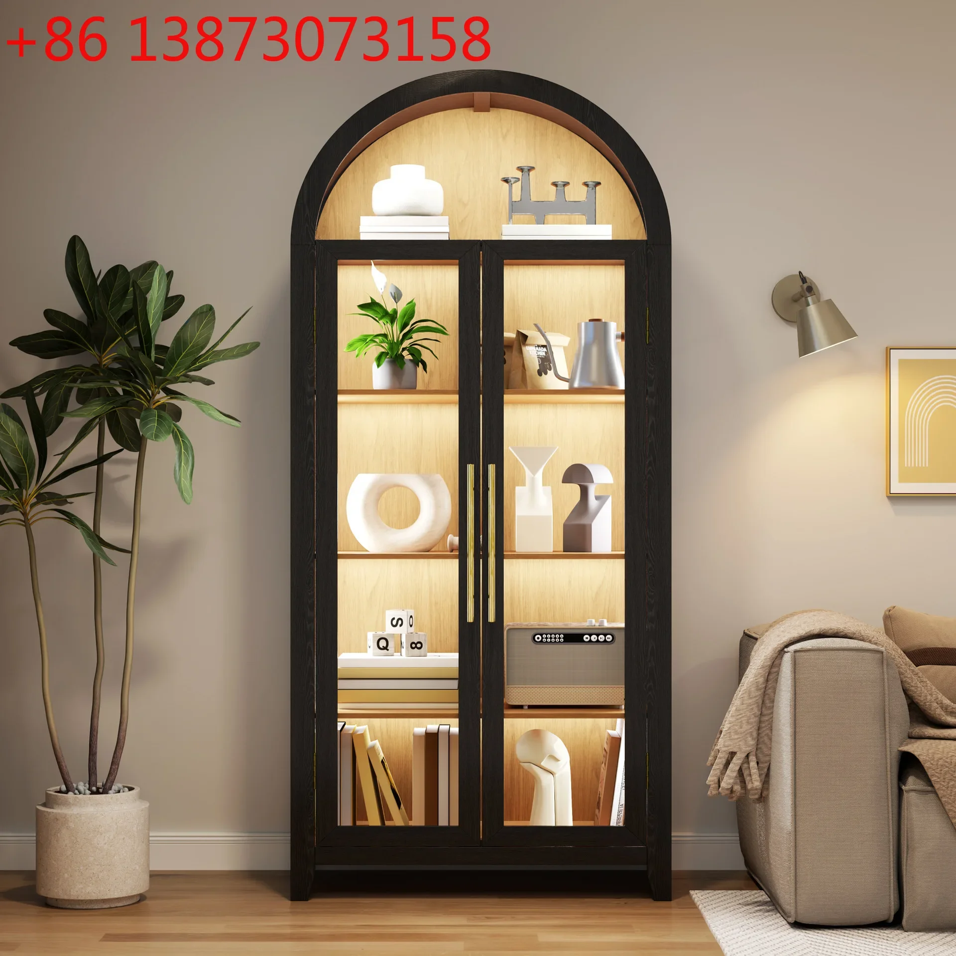 Curved design living room display cabinet, modern minimalist bookcase, multi-layer shelves, home decoration cabinet