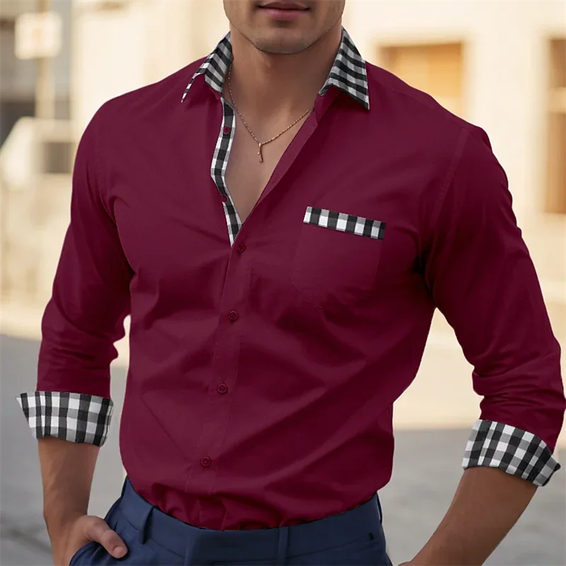 Camisa masculina de botão manga comprida, bloco de cor branca, gola, camisas formais, carreira de escritório, roupa de casamento, bolso primavera