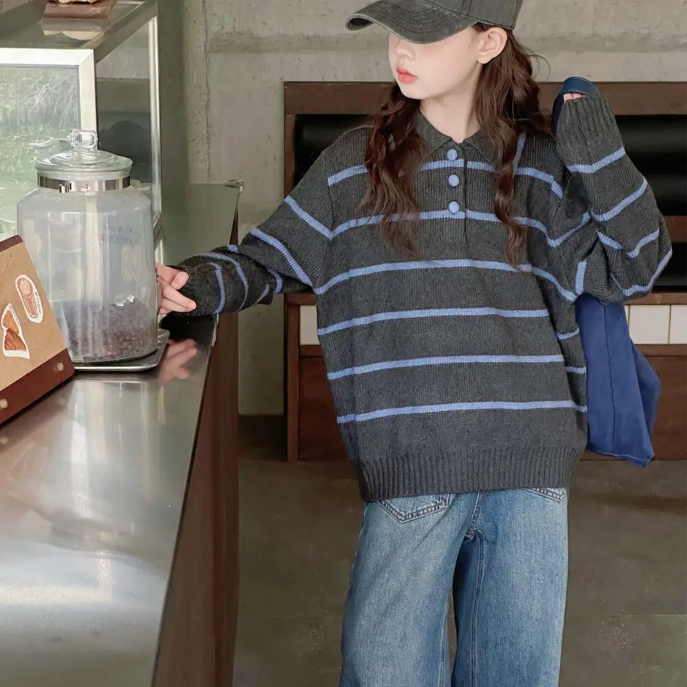 

Kawaii модный полосатый свитер с лацканами для девочек, студенческий весенне-осенний повседневный трикотаж с длинными рукавами и героями мультфильмов, топы, детская одежда