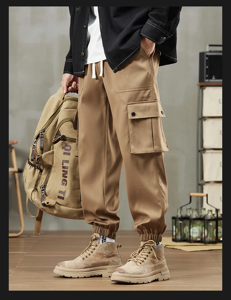 

Work pants for men, American fashion brand, loose and stylish, multi pocket military green ankle pants, autumn trend retro parat