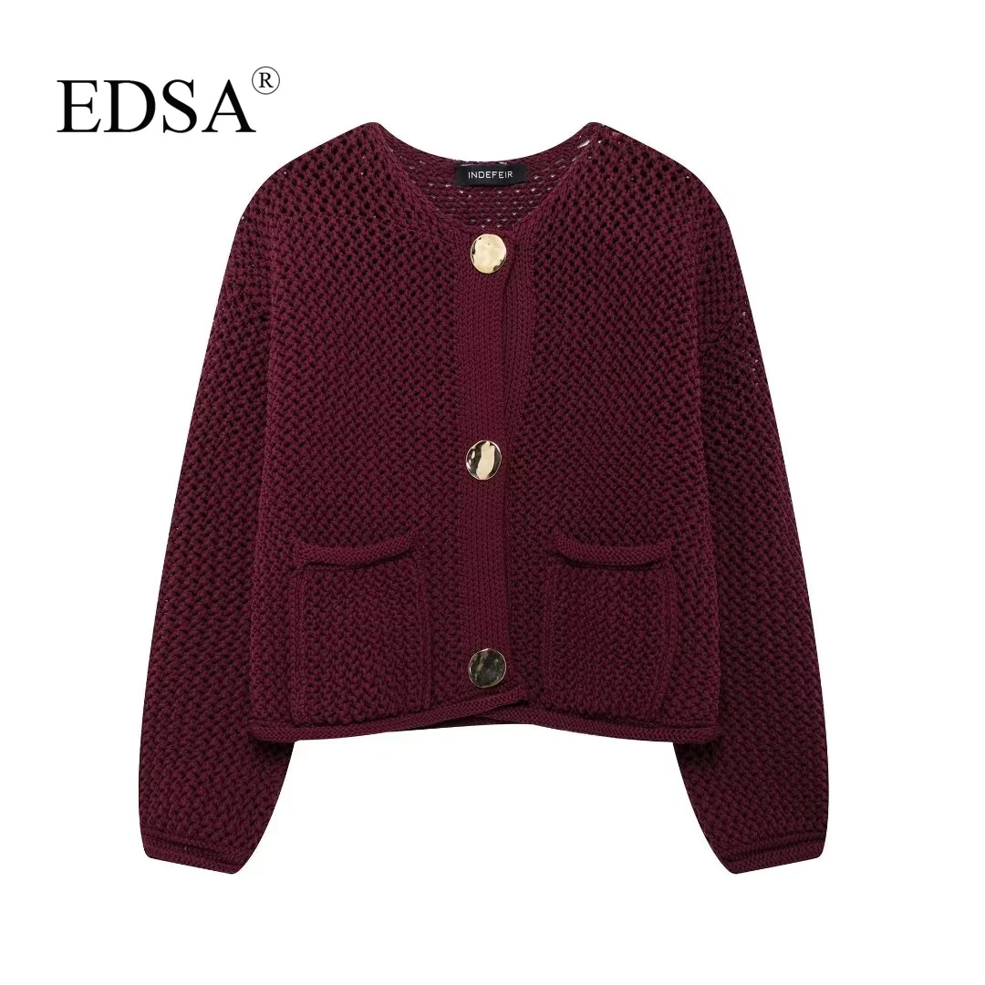 EDSA Women Hollow Out Chunky Knitted Cardigans dla kobiet z długim rękawem i metalowymi guzikami Krótki sweter Crop Top Dzianina Odzież wierzchnia