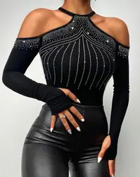 Fashion Woman Blouses 2022 Rhinestone Sexy Cold Shoulder Skinny Top Elegant Long Sleeve T-Shirt Chic All-Match Daily Streetwear