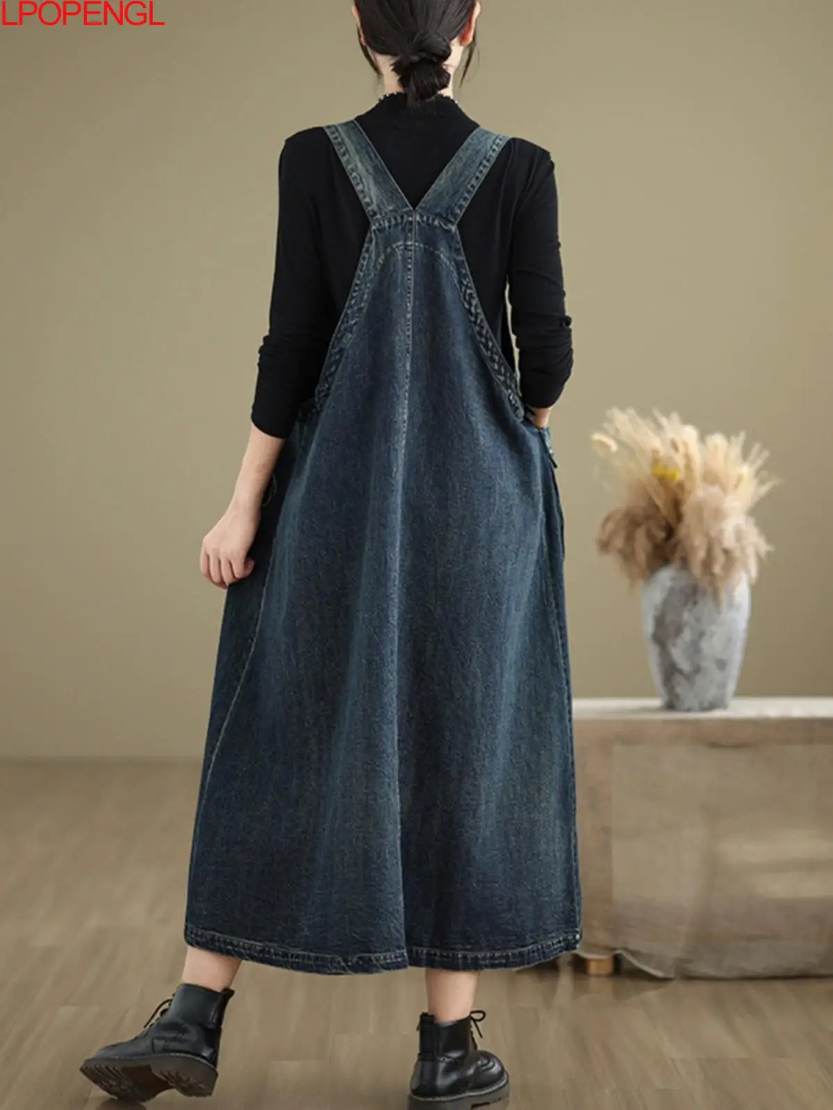 Fashion Solid Color Loose Denim Spaghetti Strap Dress Women Spring And Summer V-neck Suspender Spliced Large Pockets Long Dress