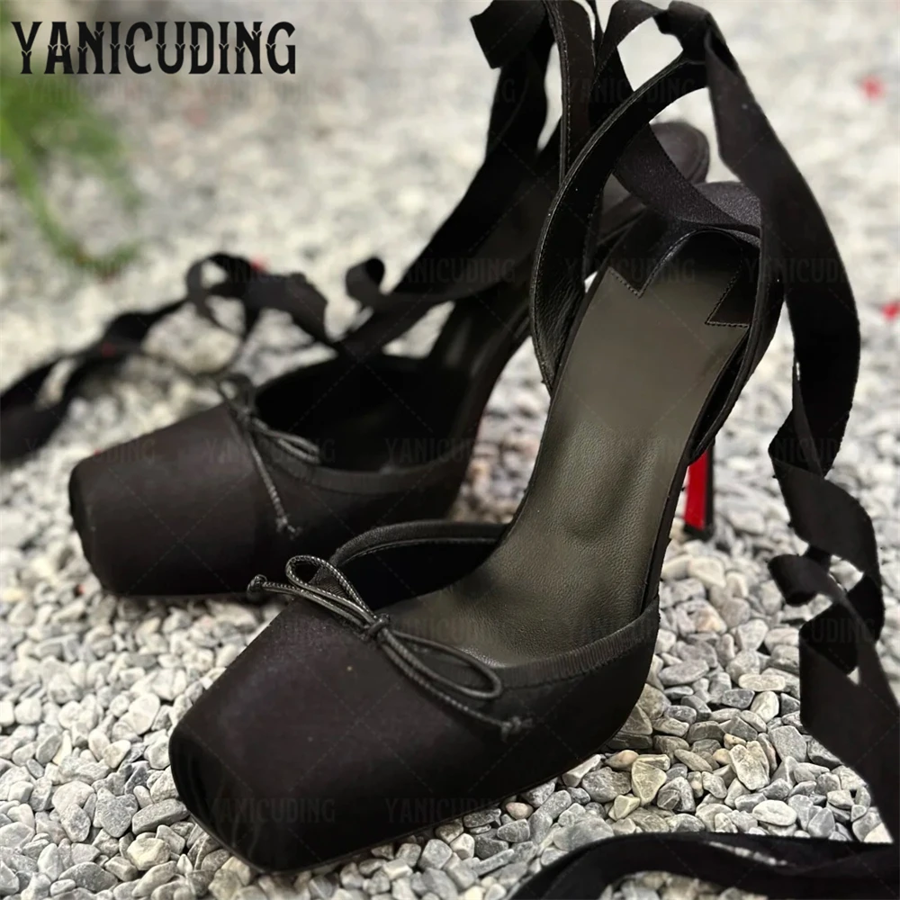 

Square Toe Ballet Stilettos Ankle Strap Satin Sandals Elegant Novelty Designer Style Handmade Women High Heels Customized Colors