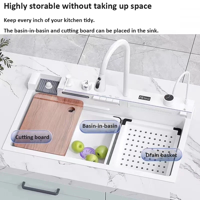 Biały Wieloryb Deszcz Wodospad Zlewozmywak Kuchenny Stal Nierdzewna 304 z Cyfrowym Wyświetlaczem Pogrubiona Konstrukcja Plastra Miodu do Domu