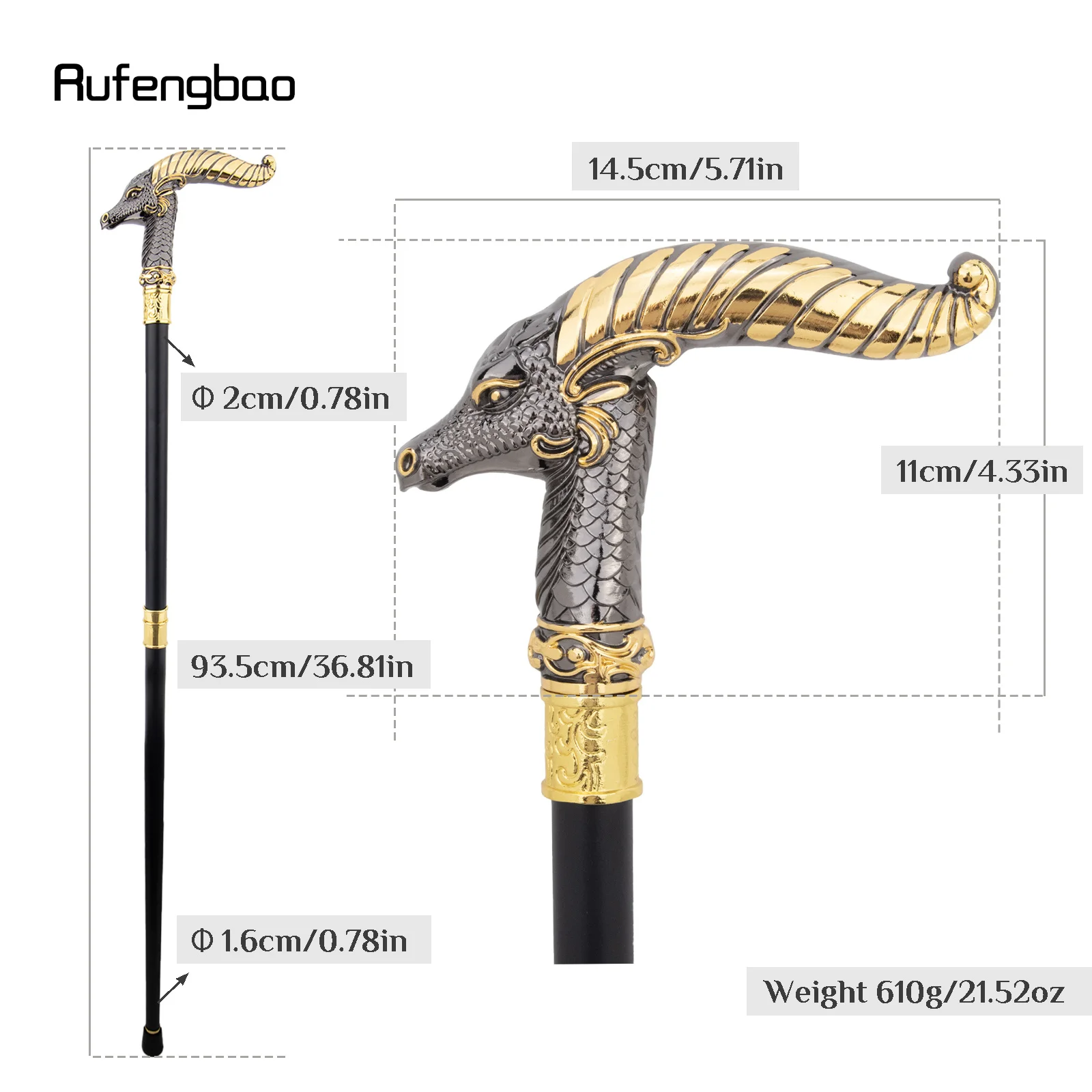 Bengala de Luxo Amarela e Preta Dragão para Festa, Bengala Decorativa Elegante com Punho de Cruz, 93cm