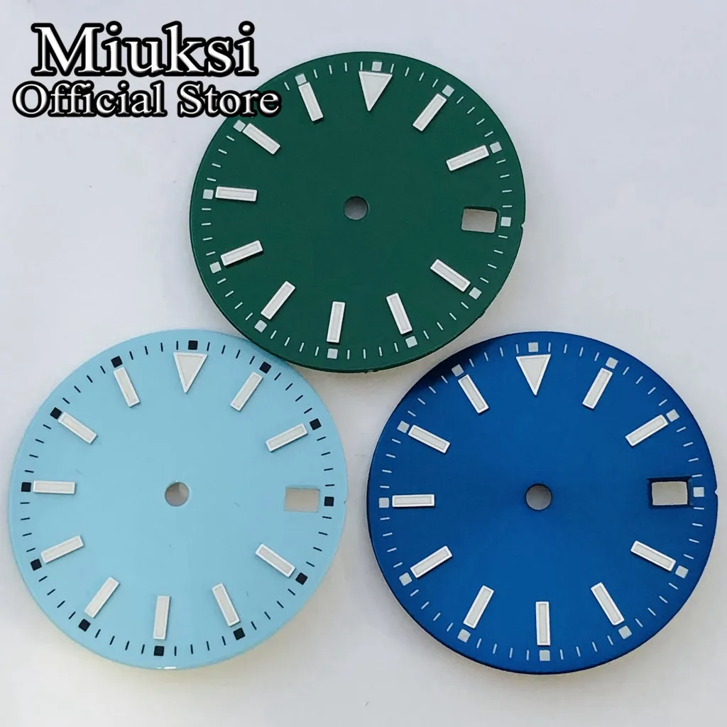 Miuksi 28.5mm sterile dial black blue green red silver yellow watch dial luminous dial fit NH35 movement