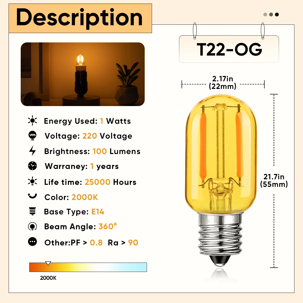 Mini Tube T22 E14 Led 220V Amber Glass Warm White 2000K Vintage Replaceable String Light Chandelier Salt Lamp Decoration Lights