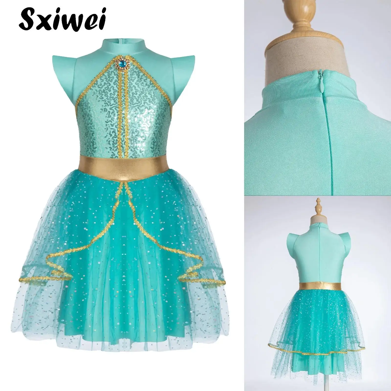 

Kids Sequins Arabian Princess Dress Girls Halloween Cosplay Jasmines Costume Children Carnival Party Fancy Blue Mesh Ball Gown