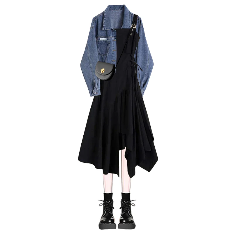 Damski zestaw dżinsowy na wiosnę, casualowy, modny płaszcz chroniący przed słońcem, wyszczuplający, dwuczęściowy zestaw z paskiem, długi rękaw, kołnierz, materiał jedwabny.