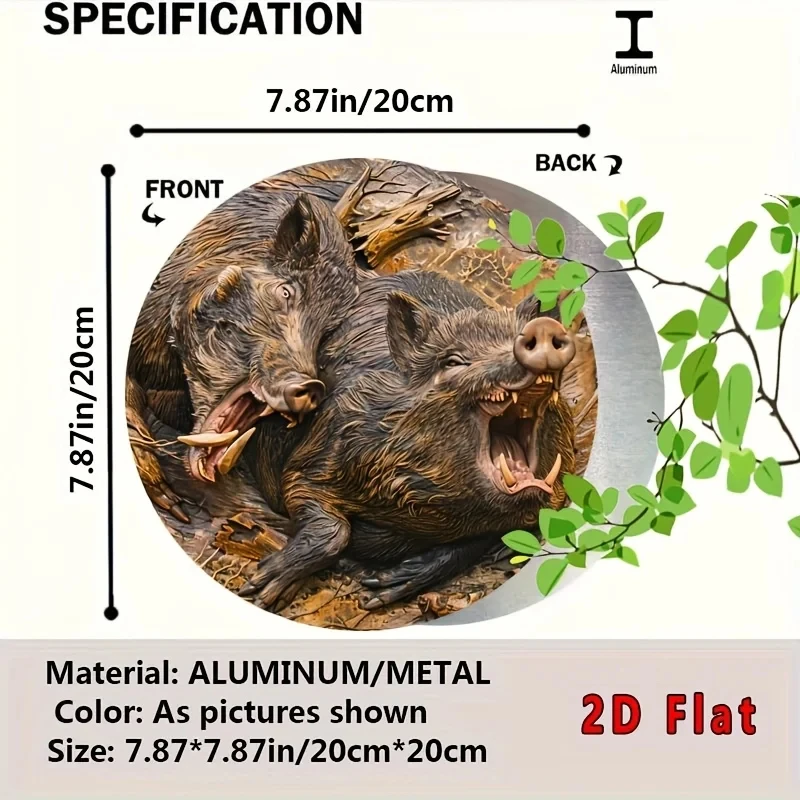 2D Flat Surface, 2D Flat Surface 1 Piece Vintage Festival Wild Boar Angry Wall Art - 20cm / 8inch Aluminum Decorative Plate Decorative Sign, Perfect for