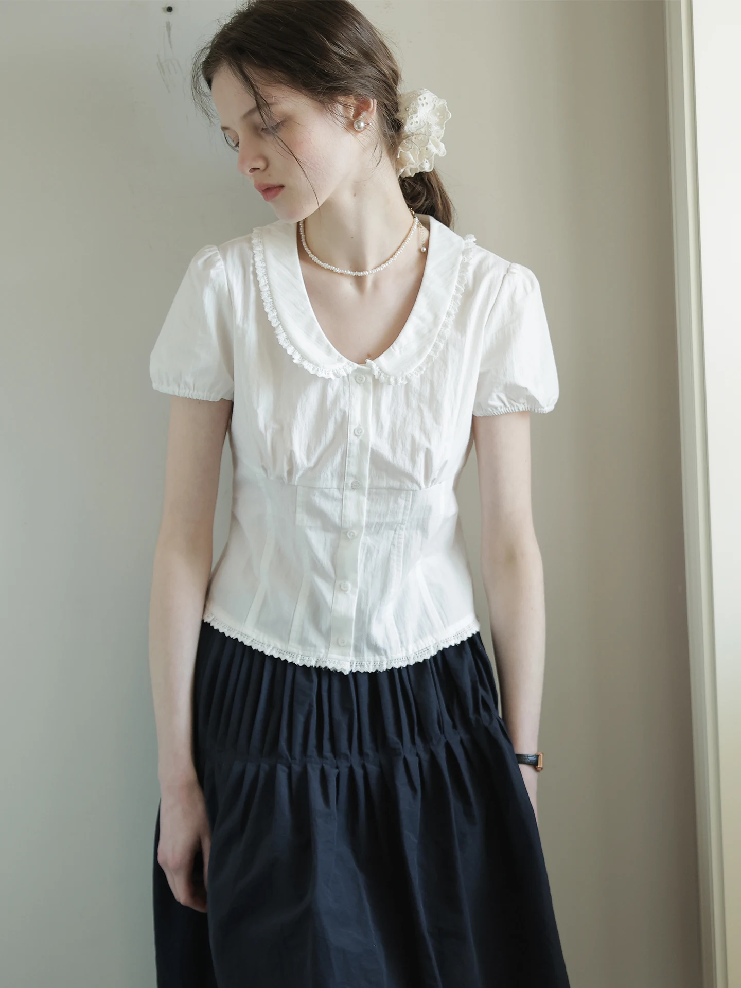 

Sweet Retro Doll Collar Lace Trim Short Sleeve Women's Shirt Summer Waist Cinched Versatile Slimming Top Breathable Cotton Blend