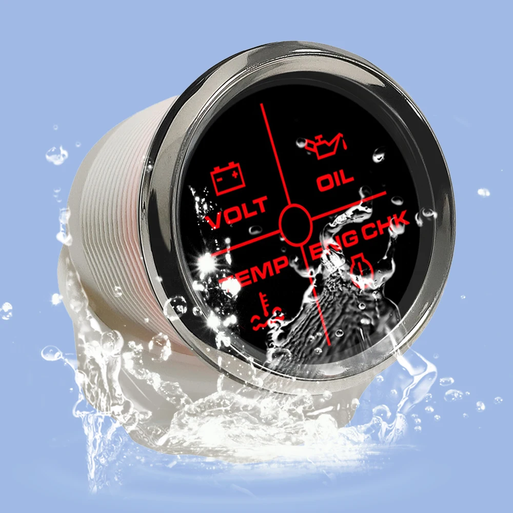 ELING Waterproof 52mm 4 LED Volt Water Temp Oil Pressure Alarm Indicator Gauge with Red Backlight Alarm for Boat Car Yacht 9-32V