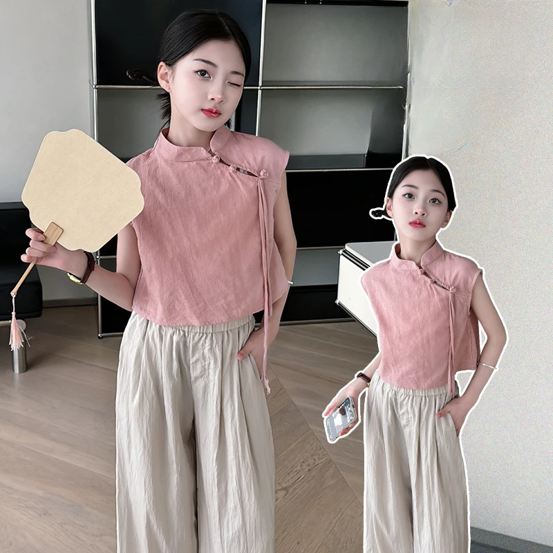 Girls Suits New Chinese Style 2024 New Plate Buckle Waistcoat Pants Junior High School Girls Summer Suit Two-piece Set Clothes