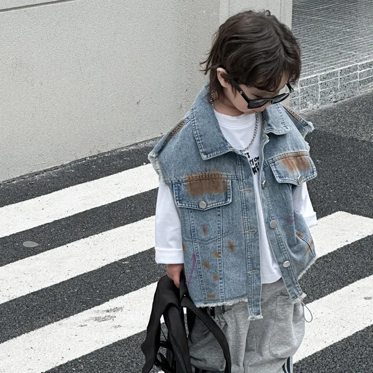 Children Waistcoat 2024 Spring and Autumn New Korean Style Vintage Denim Coats Children Clothing Colored Paint Waistcoat