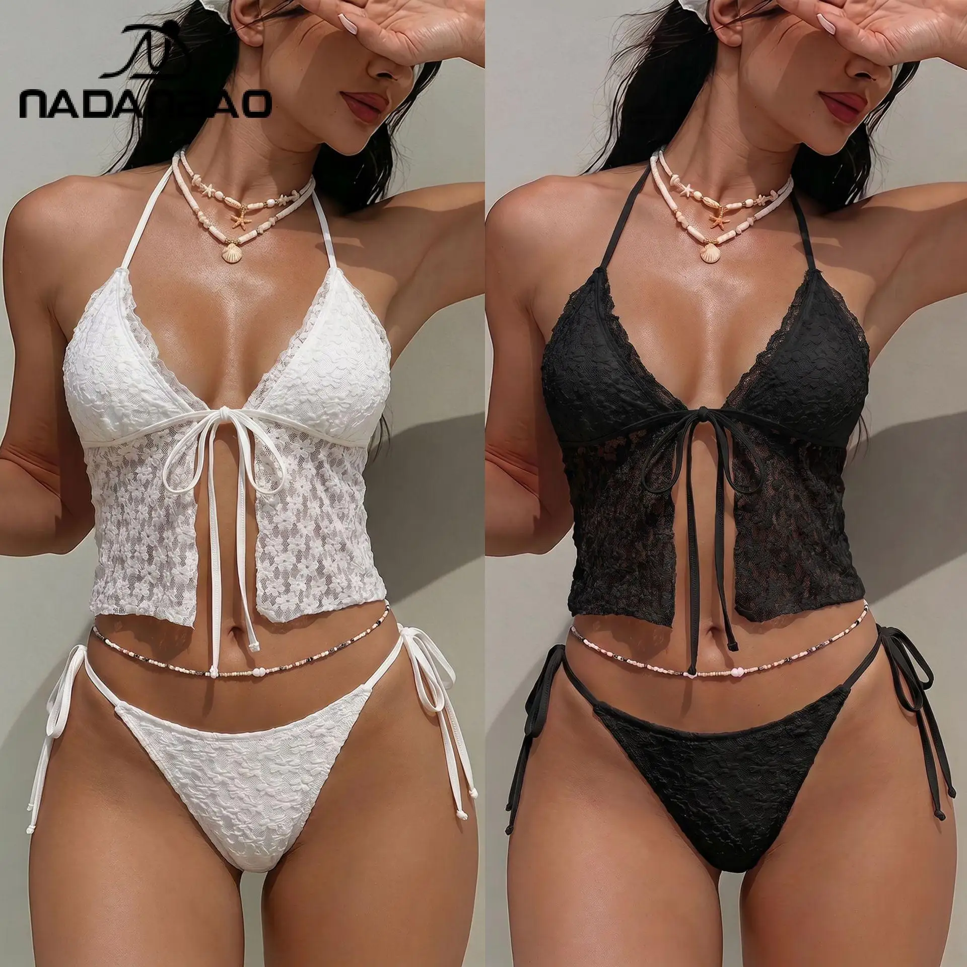 Nadanbao White Black Floral Lace Bikini Set Sexy Side Tie Women's Swimwear Summer Halter Swimsuit Pool Party Vacation Beachwear