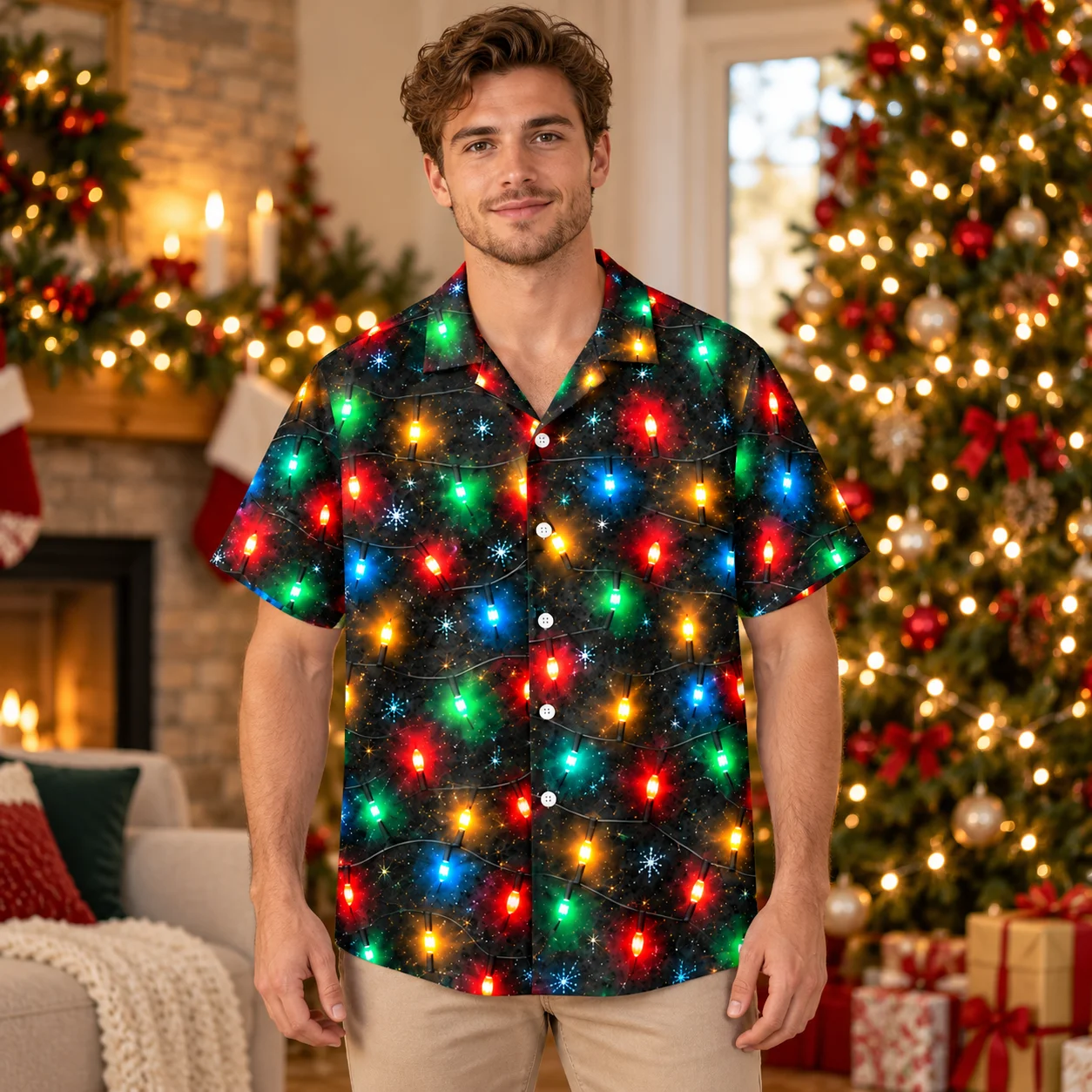 Xmas Holiday String Lights and Snowflakes Hawaiian Shirt Mens Christmas Button Up Shirts with Vivid Night Print Short Sleeves