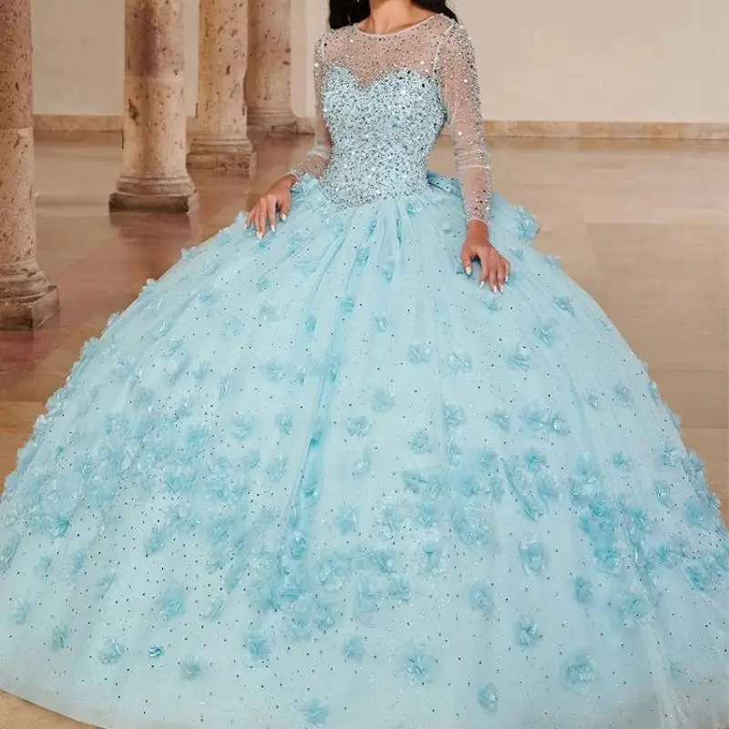 Mint Quinceañeras Met Lange Mouwen Kleedt Kristallen Kralen Sweet 16 Bloem 2024 فساتين Vestidos De 15 Doorschijnende Nek Años