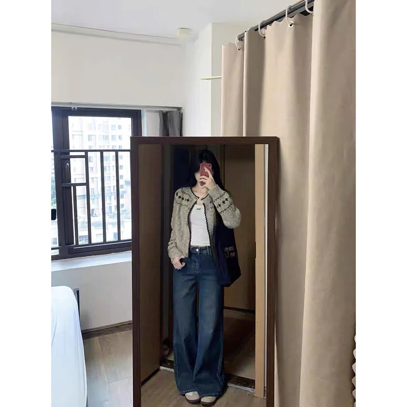 YIBASHU المرأة منقوشة الجولة الرقبة طويلة الأكمام سترة غير رسمية Y2K الأمريكية شارع العليا موضة ريترو 90s سترة تدفئة الملابس #2