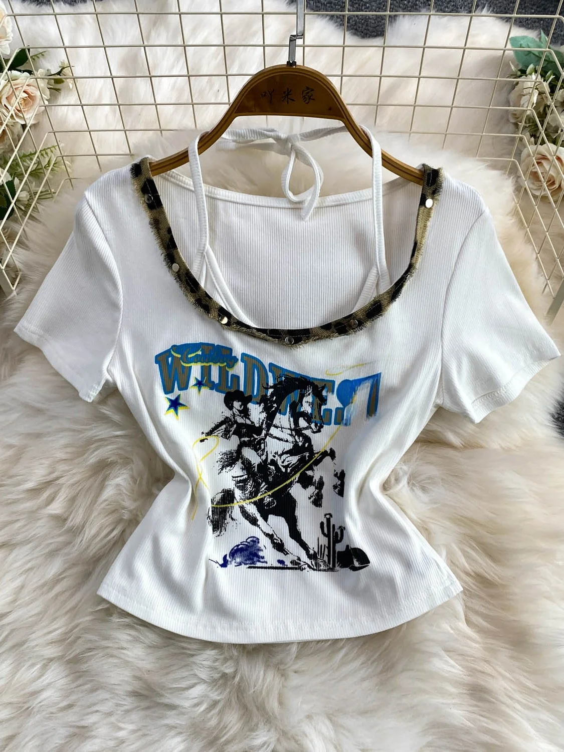 Millennial Feeling Spicy Girl Denim Patchwork round Neck Knitted T-Shirt Women Summer Design Print Hanging Neck Top