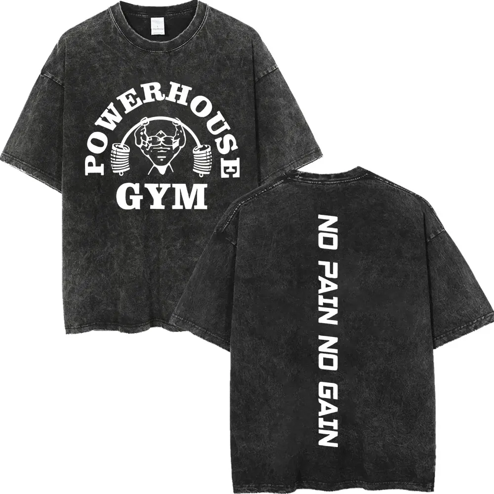 

Футболки с логотипом Powerhouse Gym, двусторонняя печать, высококачественные модные ретро-футболки с эффектом потертости, мужские и женские повседневные свободные хлопковые футболки