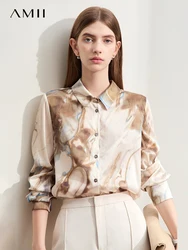 Amii Minimalism 2024 Summer New Women Shirt Office Lady Lapel Print Shell Buttons Elastic Silk Shirts & Blouses Female 12452145