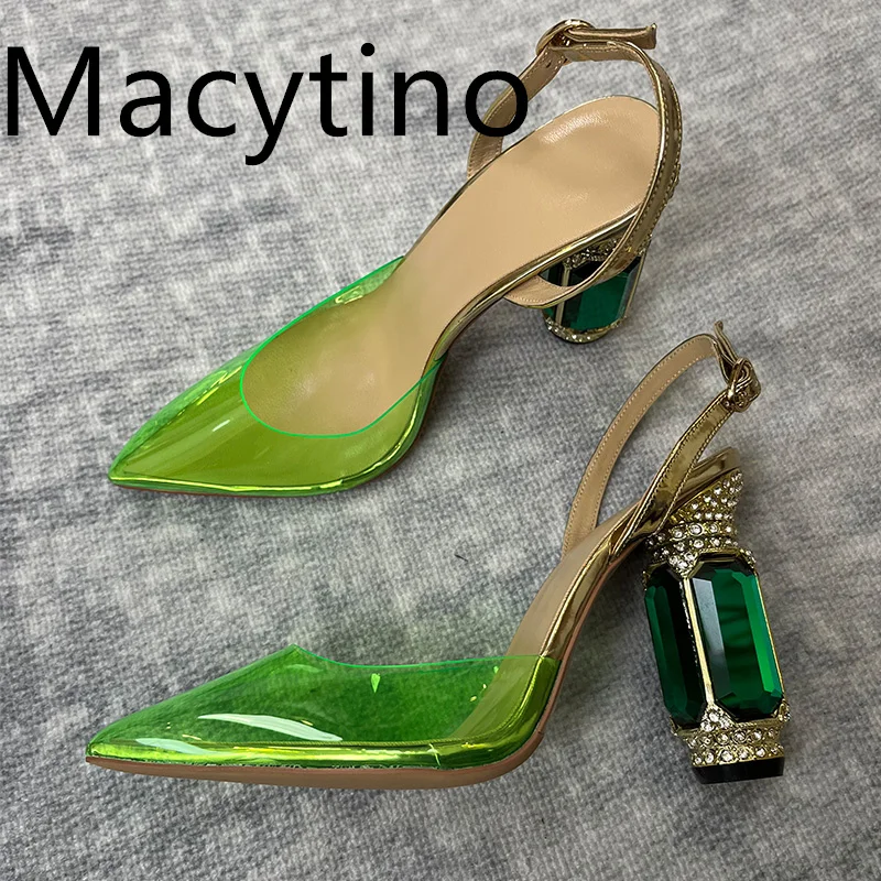 2024 Catwalk Rhinestone Gemstone Heel Buckle High Heels Thick Pumps Wedding Shoes lady Sandals Male Large Size