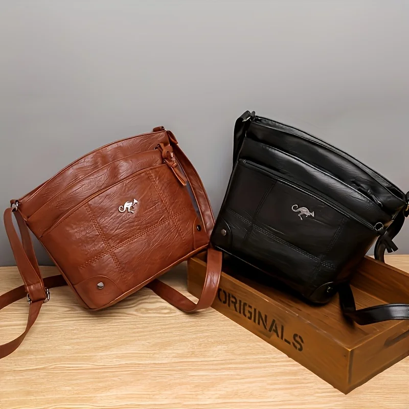 Elegante Umhängetasche im Vintage-Stil, Umhängetasche aus Kunstleder mit mehreren Taschen, verstellbarer Riemen, Arbeitshandtasche für Damen – Detail 6