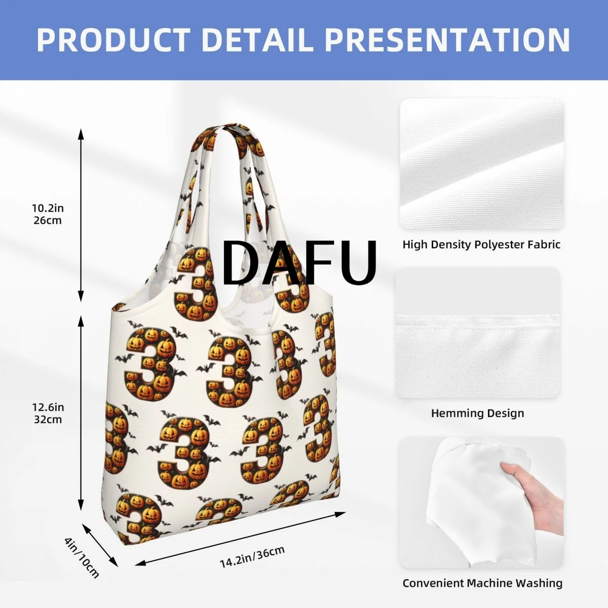 Batty Pumpkin Number 3 Funny Halloween Bat Pumpkin Tote Bag for Women - Gothic Canvas Shoulder Bag Shopping Commute Party